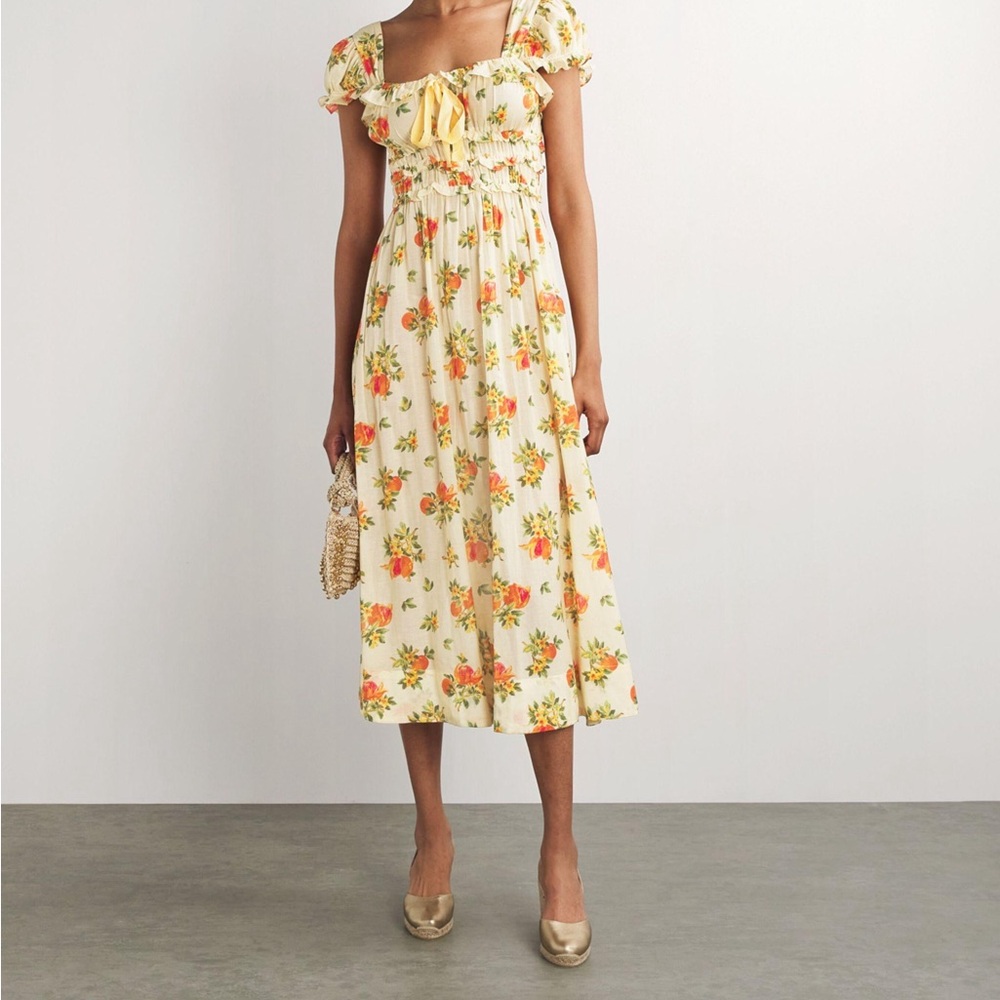 Doen Cream Floral Midi Dress with Puff Sleeves Clarinet Orangerie Floral Print